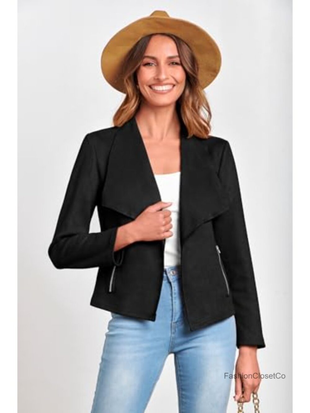 Faux Suede Cropped Jacket Waterfall Collar Open Front Zip Pockets Fall - Picture 3 of 6